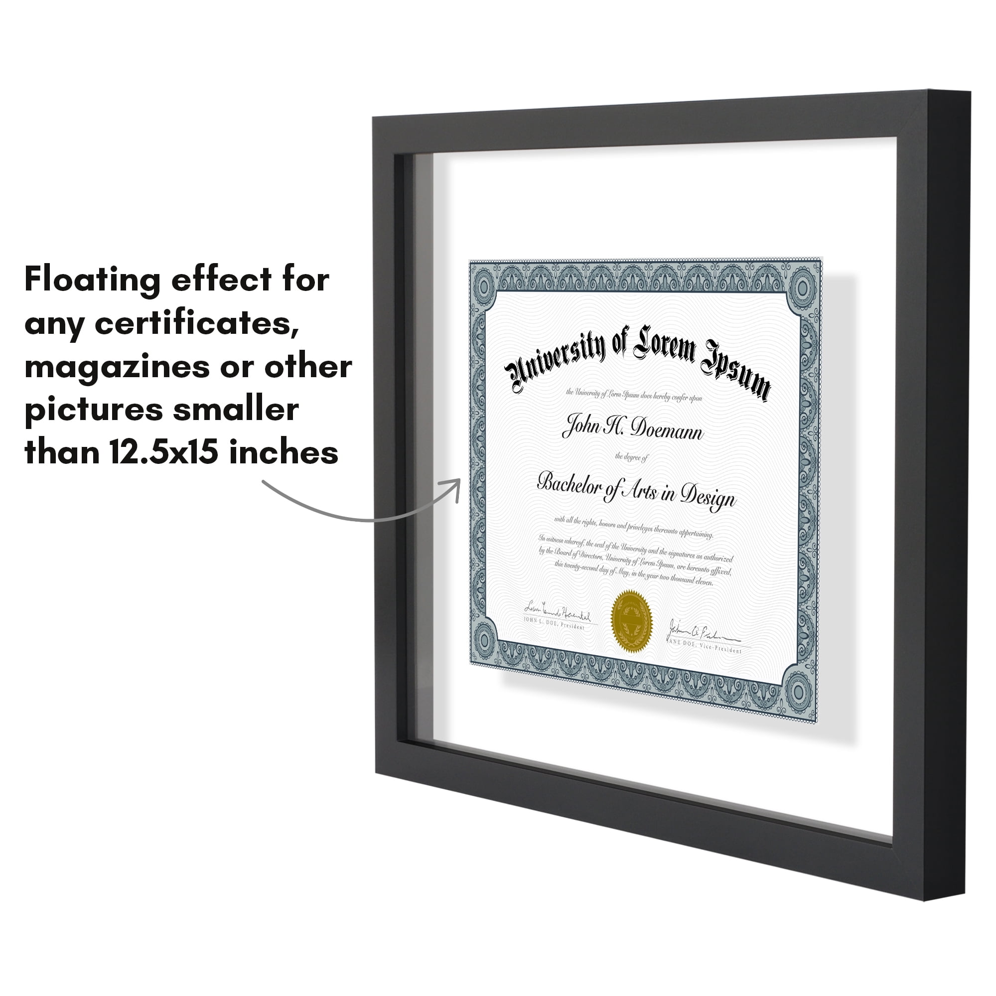 Americanflat 12.5x15 Diploma Frame with Shatter-Resistant Glass Floating Made Signature Float Frames - Black