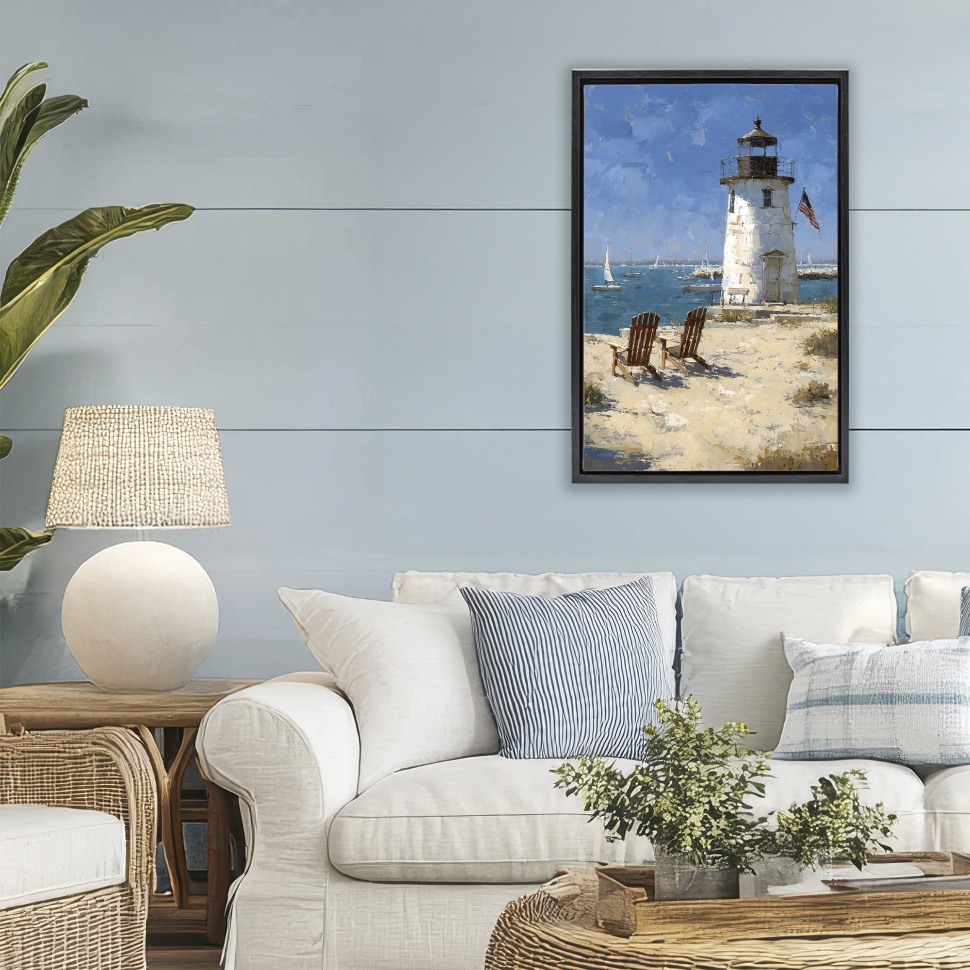 Stupell Industries Summer at Lighthouse Bay Black Framed Floater Canvas Wall Art, design by Petal Prints Design