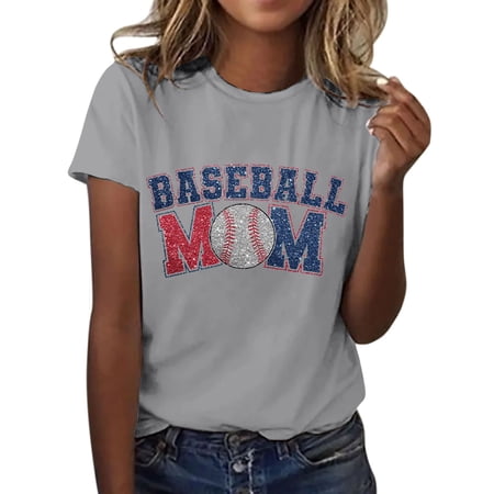 Ruyang Baseball Mom Women's Letter Baseball Printed Shirt Short Sleeve Round Neck T Shirt Fashion Top Lightweight Soft Casual Womens Tee Shirts