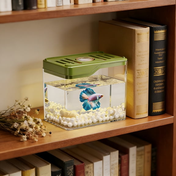 ACDANC Small Square Desktop Aquarium Betta Fish Tank with LED Light - Small Fish Tank for Betta, Decorative Living Room, Office Bedroom Decor (Green)