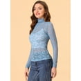 thumbnail image 3 of Blusa de encaje floral Allegra K con cuello simulado de manga larga para mujer Azul polvoriento L, 3 of 5