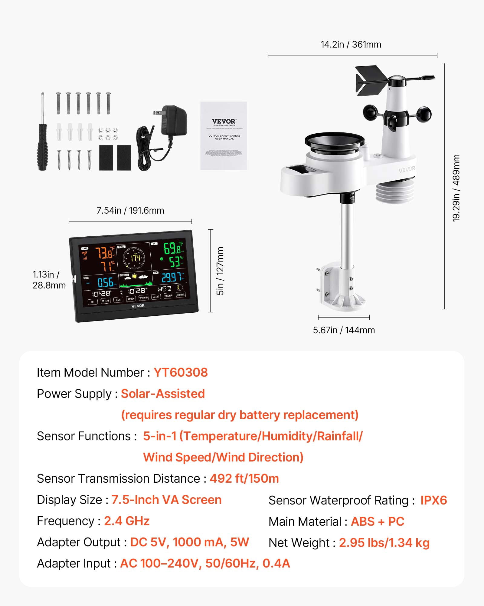 VEVOR 5-in-1 Wi-Fi Weather Station, 7.5-Inch VA Display, Wireless Solar Powered Outdoor Sensor, Rain Gauge, Indoor Outdoor for Weather Forecast, Wind Speed Direction, Temperature, Humidity, Rainfall