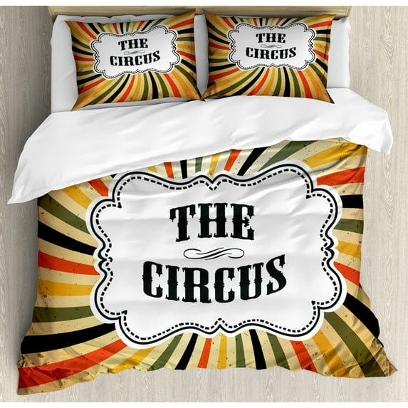 Circus Duvet Cover Set, Classical Colorful Vintage Rays with Grunge Look and Typographic Element, Decorative 3 Piece Bedding Set with 2 Pillow Shams, Queen Size, Camel and Multicolor, by Ambesonne
