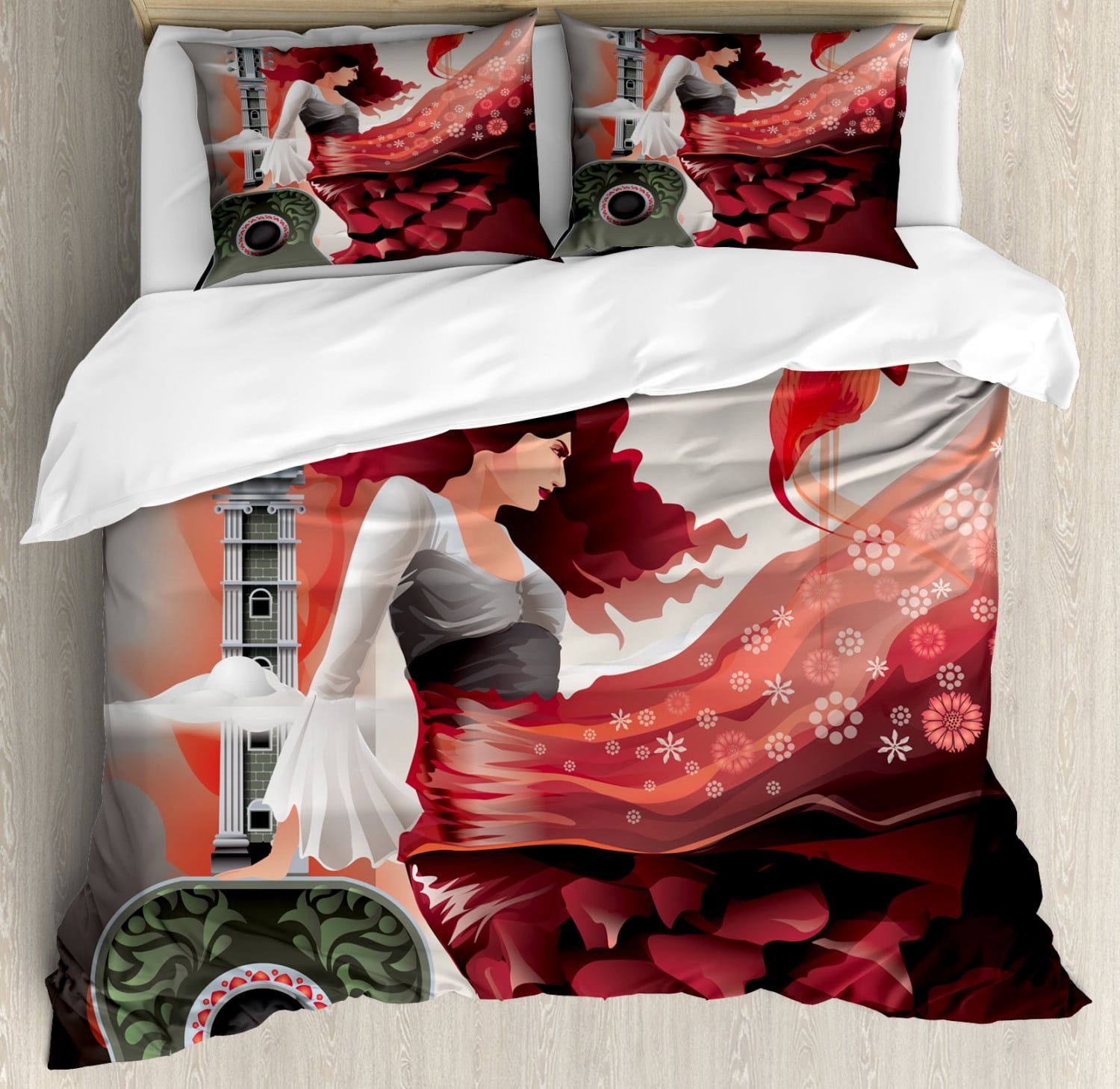 Spanish Duvet Cover Set King Size, Spain Culture Theme with Flamenco