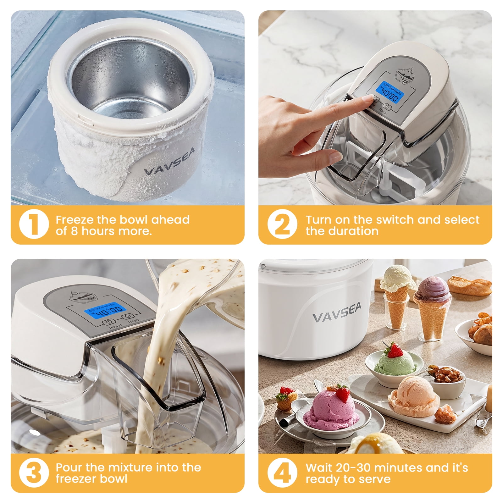 VAVSEA 1.5 Qt Ice Cream Maker with Scoop, Double-Insulated Freezer Bowl, Electric Ice Cream Machine Easy Make, Healthy Homemade Automatic Sobert Maker for Gelato, Frozen Yogurt, White