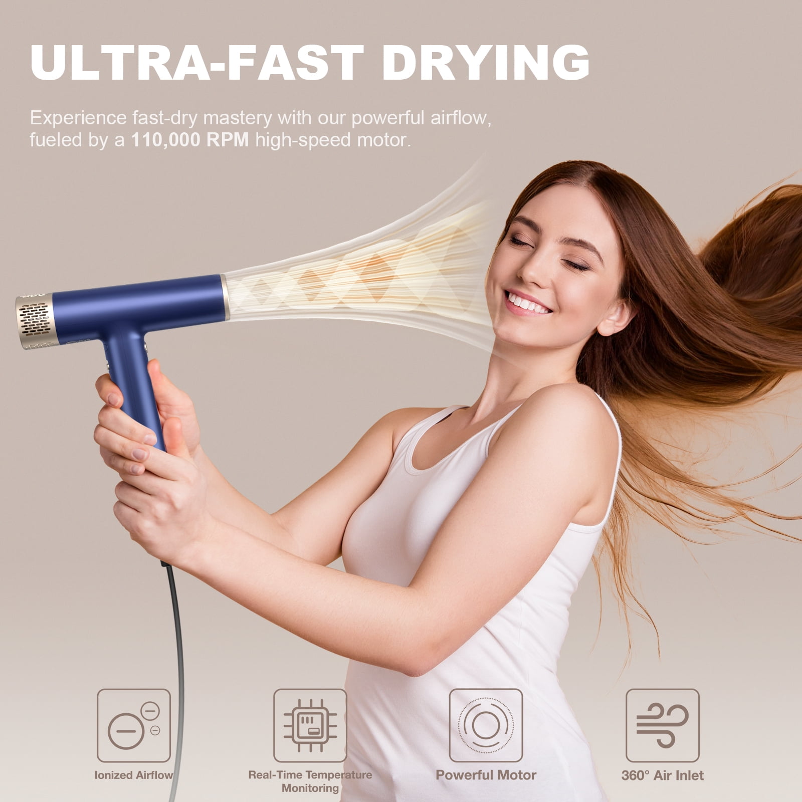 Yapoy Professional Hair Dryer with Diffuser 110, 000 RPM High-Speed 200 Million Ionic, Blue