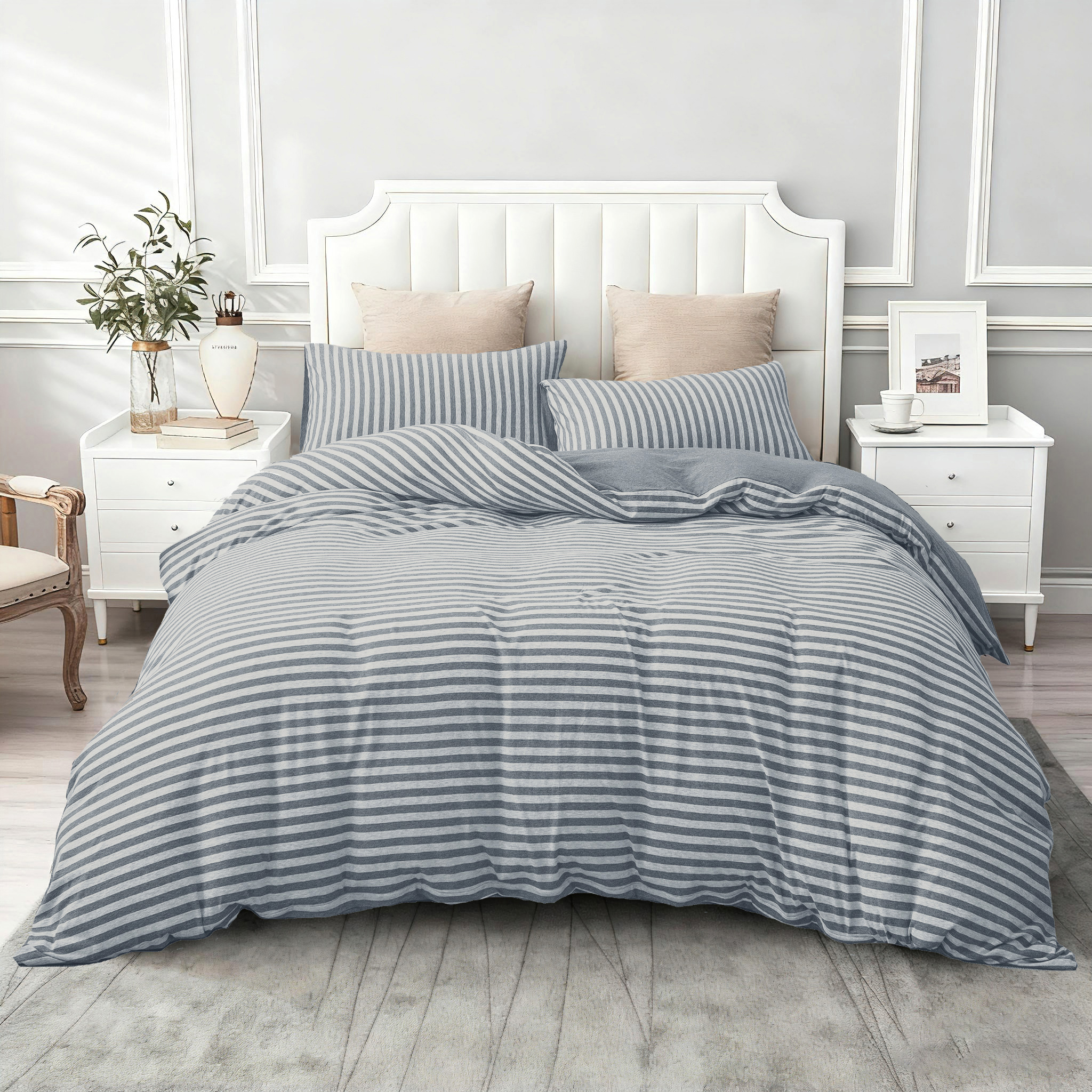 PURE ERA Jersey Knit Duvet Cover Set 100% T-Shirt Heather Cotton Super Soft Striped Design, with Zipper Closure, Blueish Grey Stripe, Queen