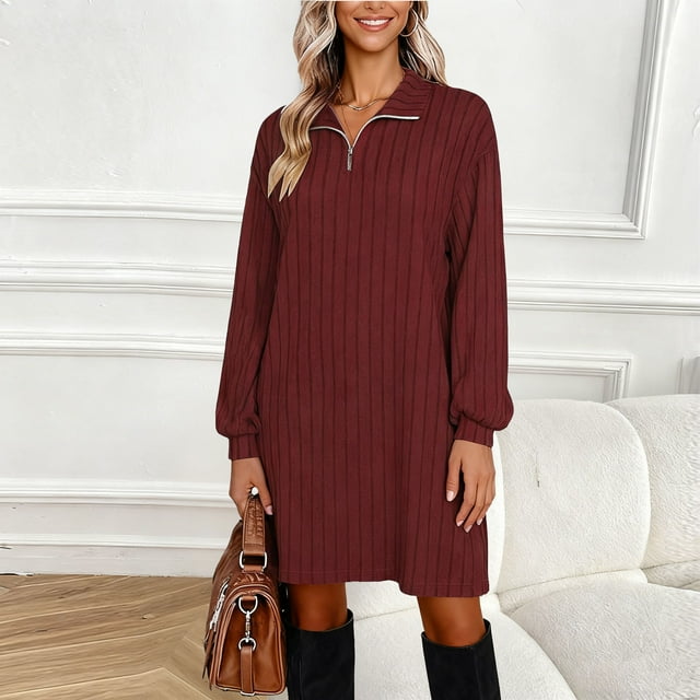 Fznquz Robes Rouges pour Femmes Robe Chandail en Tricot à Manches Longues 2026 Décontractée Demi-Glissière Mode Printemps pour Femmes