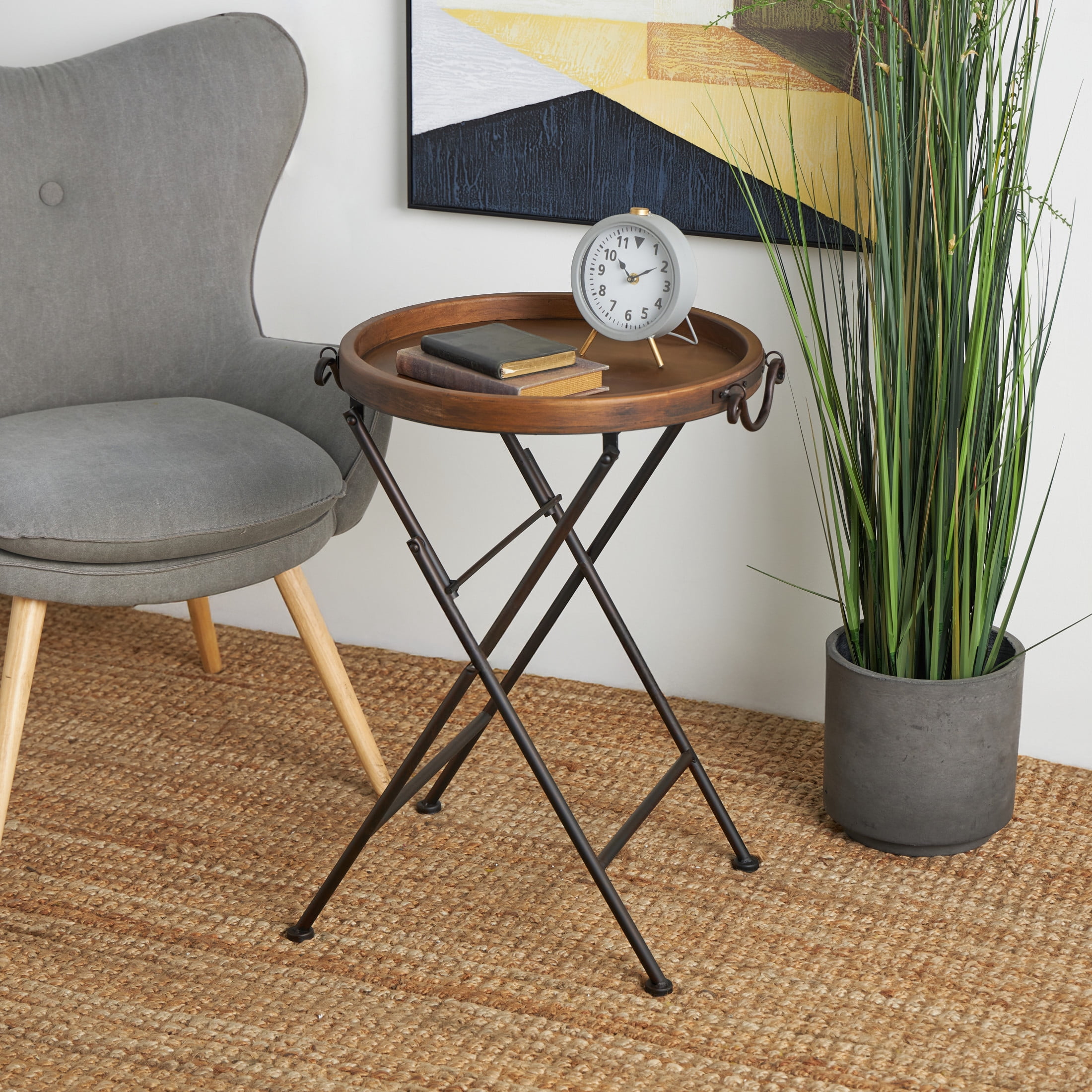 DecMode 20" x 28" Black Metal Accent Table with Brown Wood Top, 1-Piece