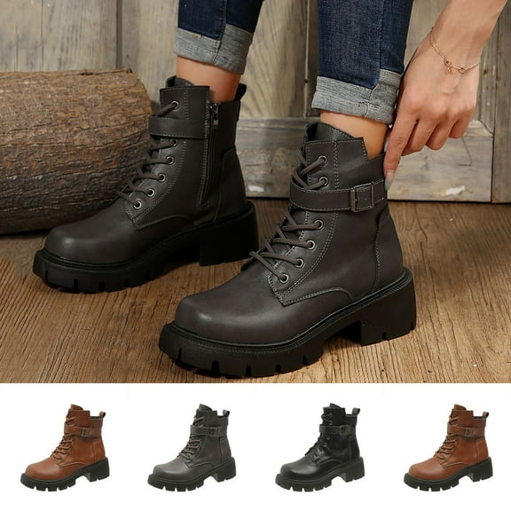 Boots Women Round Toe Chunky Heel Lace-up Ankle Short Boots with Side Zipper Women's Fashionable Casual Versatile Fall Winter Comfortable Dressy Boots