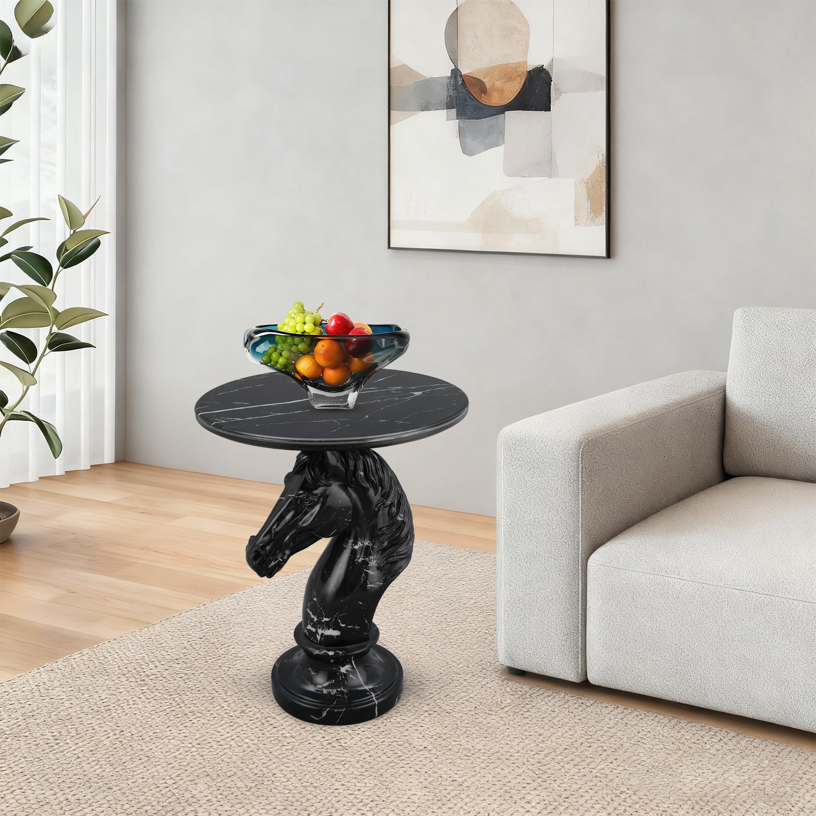 Horse Head Accent Table, Animal Statue End Table with Faux Marble Top, Resin Sculpture Side Table for Living Room, Office, Equestrian Themed Decor, Black