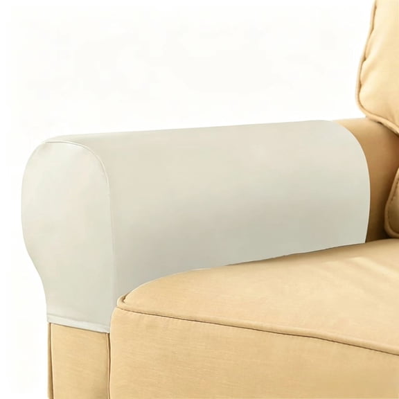 2 Pcs Waterproof Faux Pu Leather Armrest Covers Vintage Stretch Arm Covers, Washable Anti Slip Furniture Protector for Sofas Chairs Recliner (White)