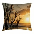 thumbnail image 1 of Driftwood Decor Throw Pillow Cushion Cover, Sea Theme Sunrise at Beach Trees without Leaves and Cloudy Sky Digital Image, Decorative Square Accent Pillow Case, 16 X 16 Inches, Orange, by Ambesonne, 1 of 2