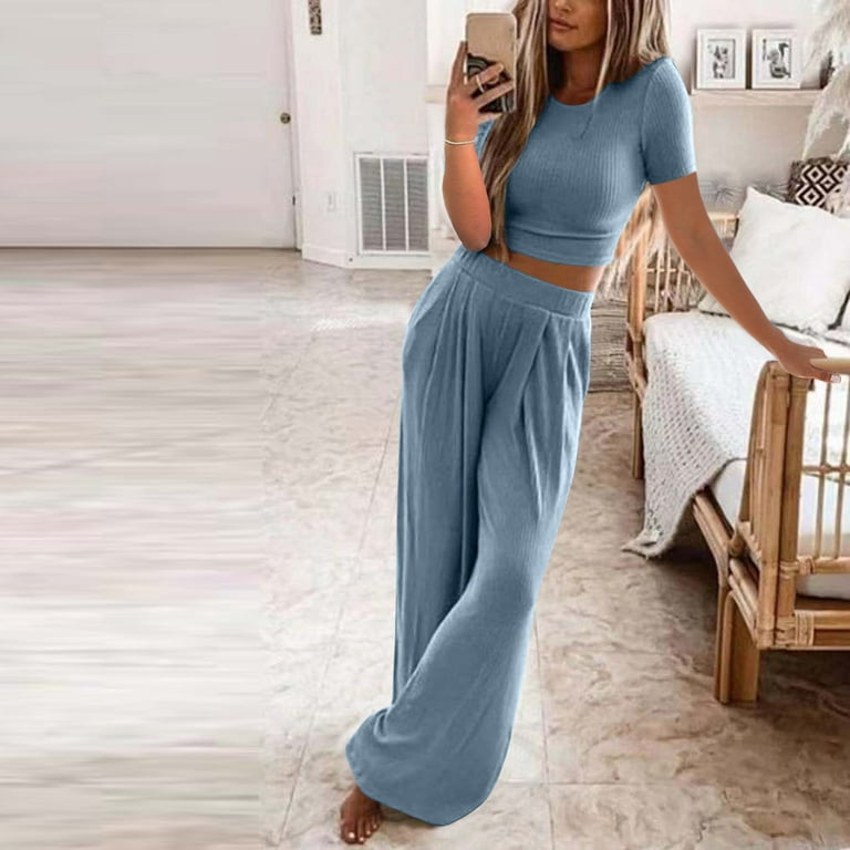 REORIAFEE Two Piece Outfits for Women Casual Set Clubwear Beach Vacation Outfits  Women's Summer Short Sleeve Crewneck Tops Long Pants Comfortable Homewear  Two Piece Set Blue L 