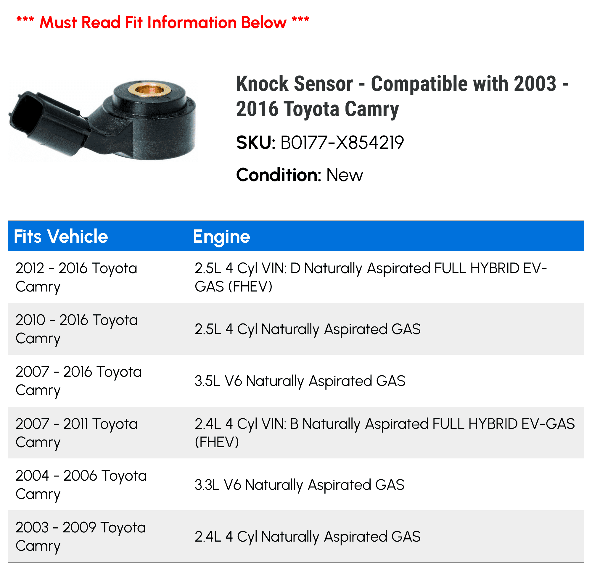 Knock Sensor - Compatible with 2003 - 2016 Toyota Camry 2004 2005 2006 2007 2008 2009 2010 2011 2012 2013 2014 2015