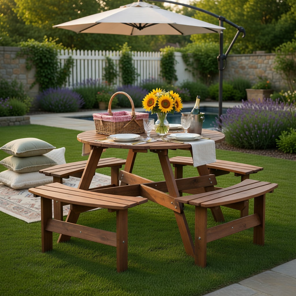 Hommoo 6-Person Round Outdoor Picnic Table Set with 3 Built-in Benches, Umbrella Hole & Weather-Resistant Fir Wood, Brown