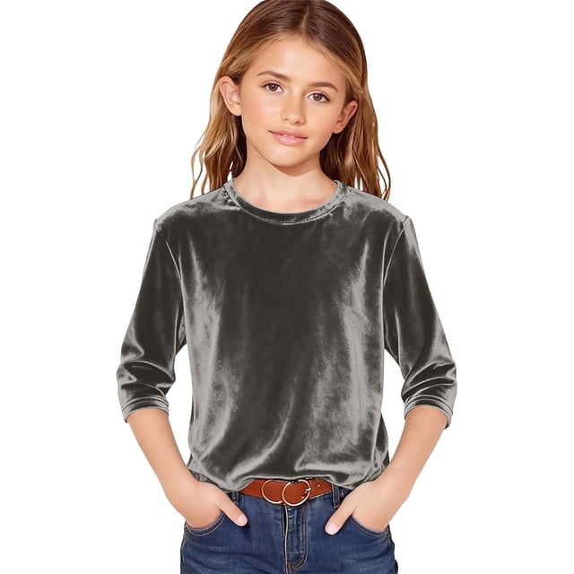 AWZXDE T-Shirt en Velours pour Filles à Manches 3/4, Doux, Col Rond, Hauts Décontractés pour Filles, T-Shirt de Base Confortable 3-14 Ans