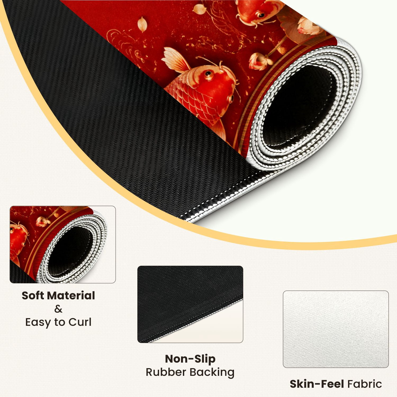 Mahjong Mat 31.5" x 31.5" Red Gold Fish Lotus Flowers Non-Slip Noise Reduction Mahjong Tiles Table Cover for Dominoes Poker Card Board and Tile Games