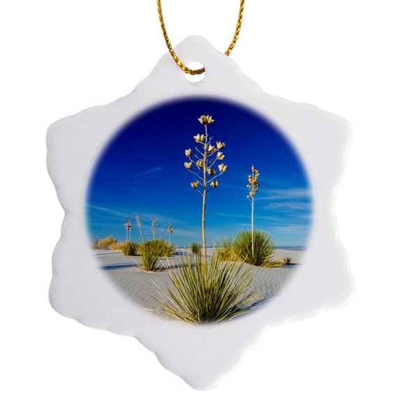3drose, Soaptree Yucca in Dunes, White Sands National Monument, New Mexico, 3 inch Snowflake Porcelain Ornament