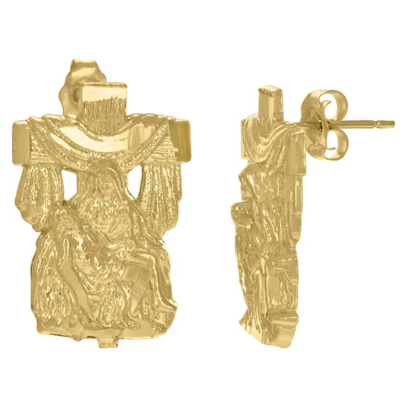 10k Yellow Gold Mens Jesus On Mother Mary'S Lap Religious Cross Stud Earrings