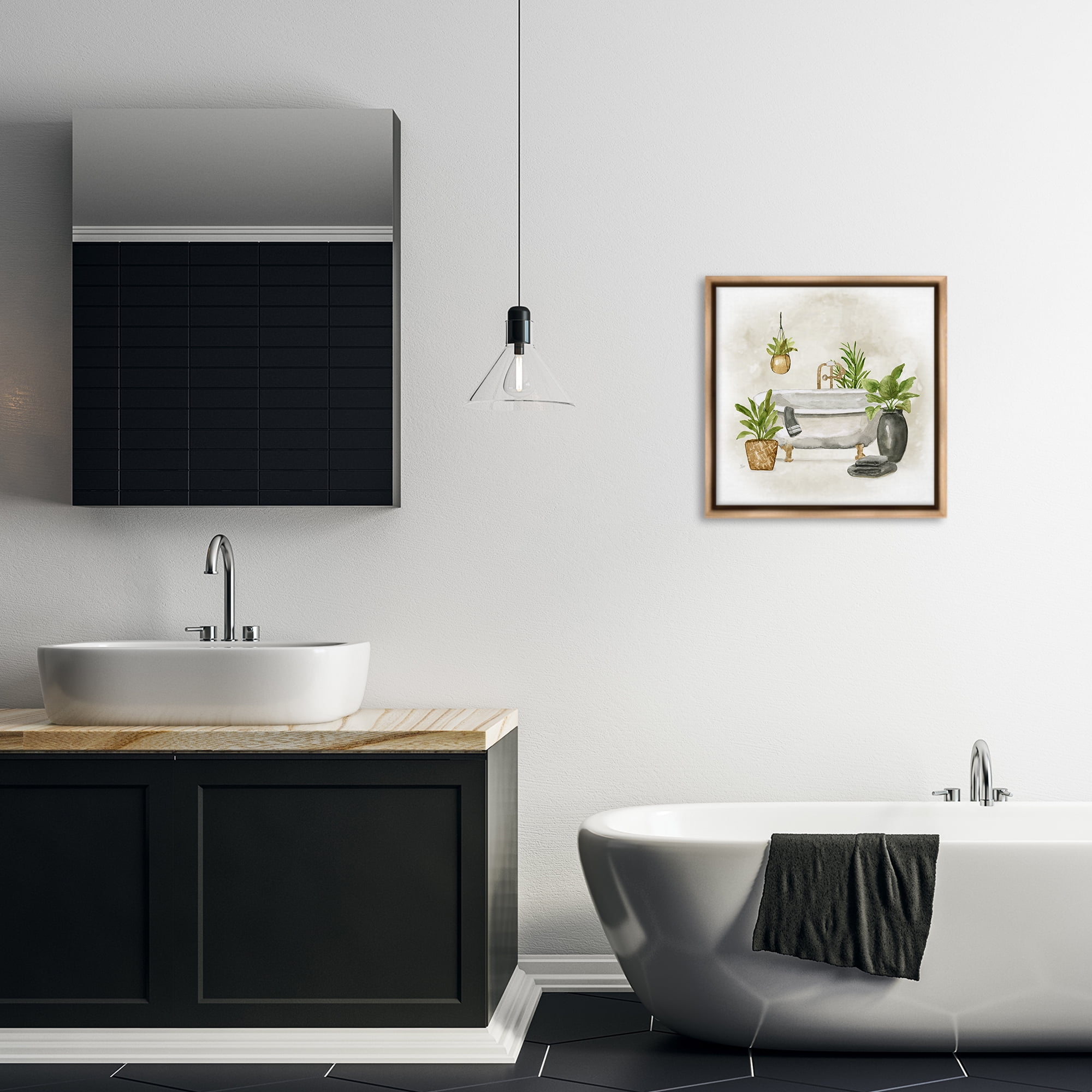 Stupell Industries Bathroom with Plants Bath & Laundry Painting Brown Floater Framed Canvas Art Print Wall Art, 18 x 18
