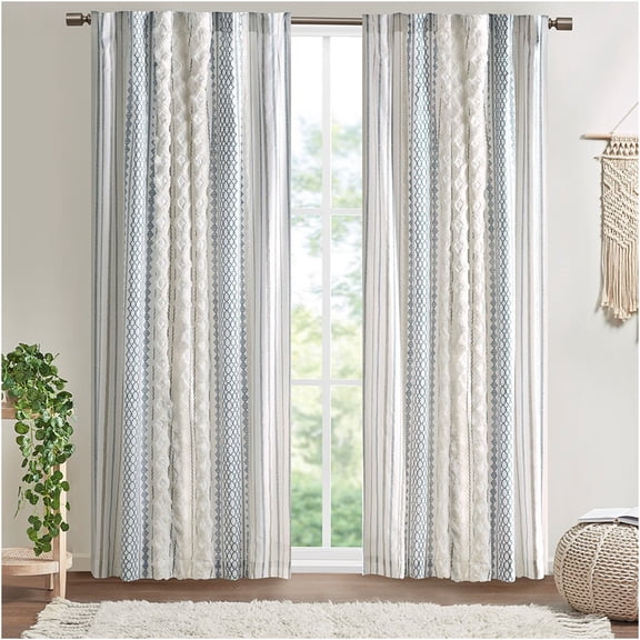 JERFIT Navy & White Geometric Cotton Curtains with Chenille Trim for Living Room, Light Filtering Lined Window Panels, 50 x 84 Inch, Set of 1