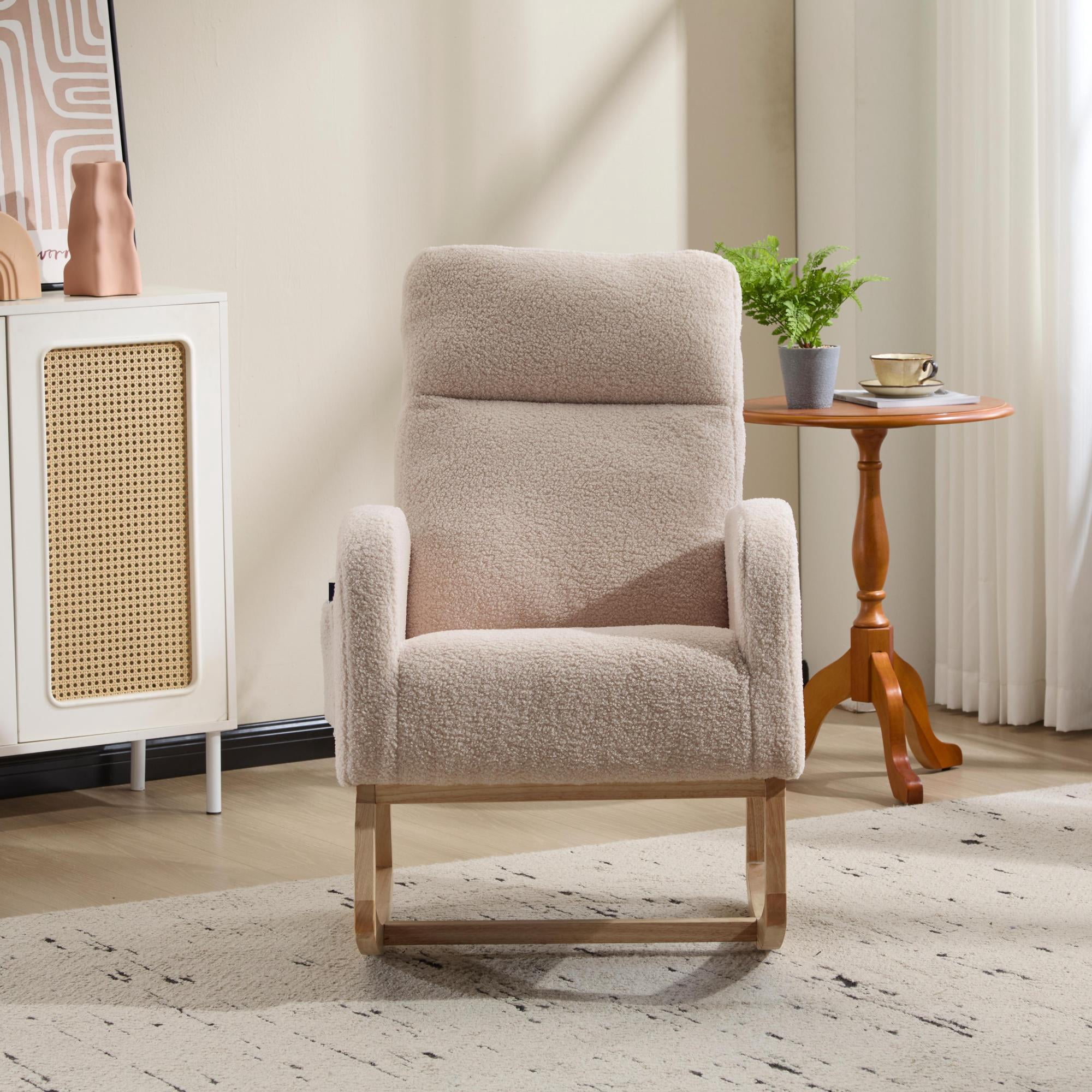 Leumius Rocking Chair Nursery, Teddy Fleece Upholstered Glider Rocker Chairs w/ Curved Solid Wood Base & Side Pocket,Modern High Backrest Nursing Accent Rockers for Living Room, Bedroom,Beige