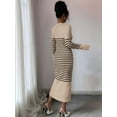 thumbnail image 2 of Women'S Striped V Neck Sweater Dress Long Sleeve Bodycon Midi Dresses Khaki M, 2 of 5