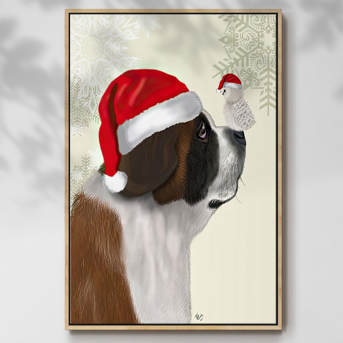 Christmas St Bernard and Fluffy Owl - Framed Gallery Wrapped Holiday Canvas - 27 x 41 - Natural Wood Frame