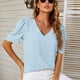 thumbnail image 5 of Top de jacquard con mangas abullonadas y escote en V en azul cielo, camiseta informal de corte holgado - Talla M Summer Chic, 5 of 8