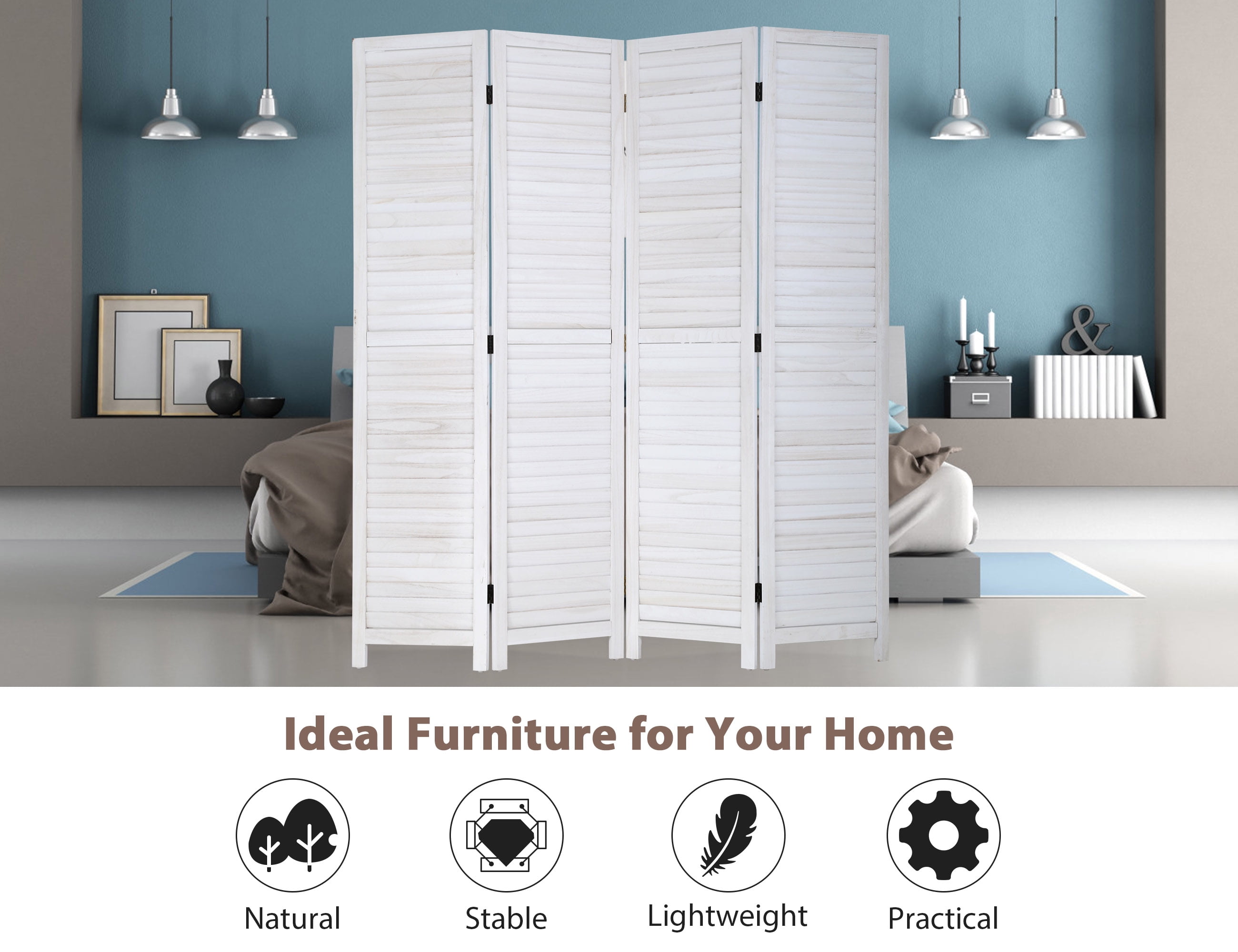 YRLLENSDAN 4 Panel Wood Room Divider White 5.6 Ft Tall Privacy Wall Divider 66.9" x 15.75" Each Panel Folding Wood Screen for Home Office Bedroom Restaurant (White)