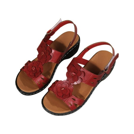 

Kukoosong Comfy Women Sandals Summer Slippers Casual Shoes Roman Fish Mouth Casual Wedges Flower Sandals Wedge Sandals Red 37