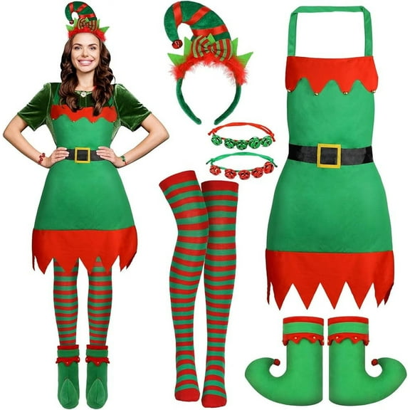 HIFOT Elf Costume for Women Elf Apron Christmas Headband Elf Shoes and Covers Socks Christmas Aprons Christmas Costumes Elf Accessories Women Xmas Party Role Play