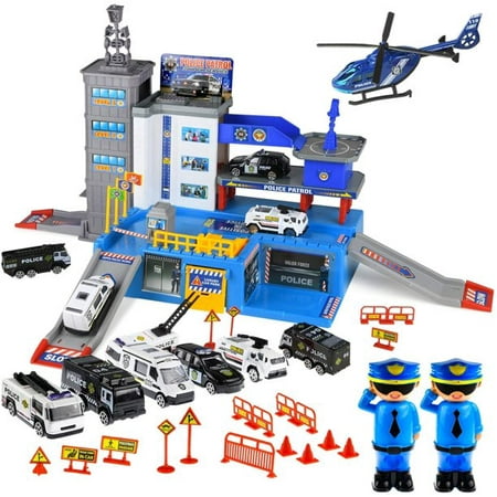 Police Car Toys for Boys - Matchbox Cars Playsets - Parking Lot Car Toys with Matchbox Track, Garage, 6 Police Car Toy Vehicles, 2 Police Men, 1 Helicopter - Toysical