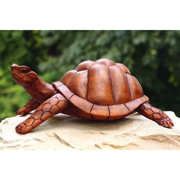 12" Turtle Statue Hand Carved Sculpture Wood Home Decor Accent Figurine Handcrafted Handmade Seaside Tropical Nautical Coastal