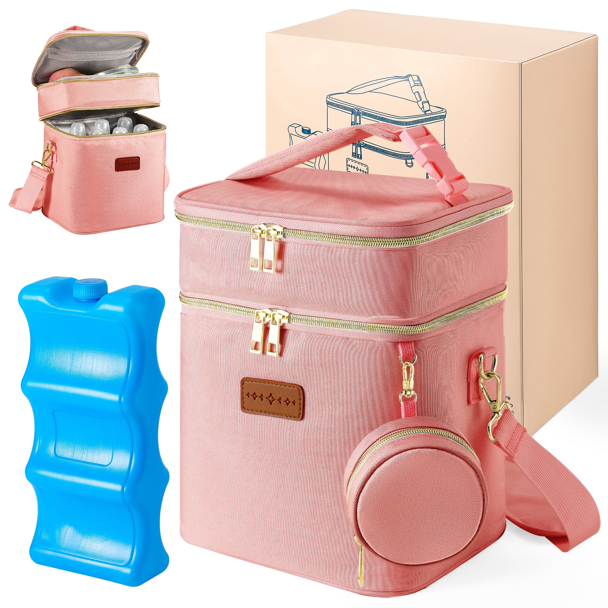 DERSTUEWE Breastmilk Cooler Bag with Ice pack , 2-Layer Travel Insulated Baby Bottle Bag, Pink