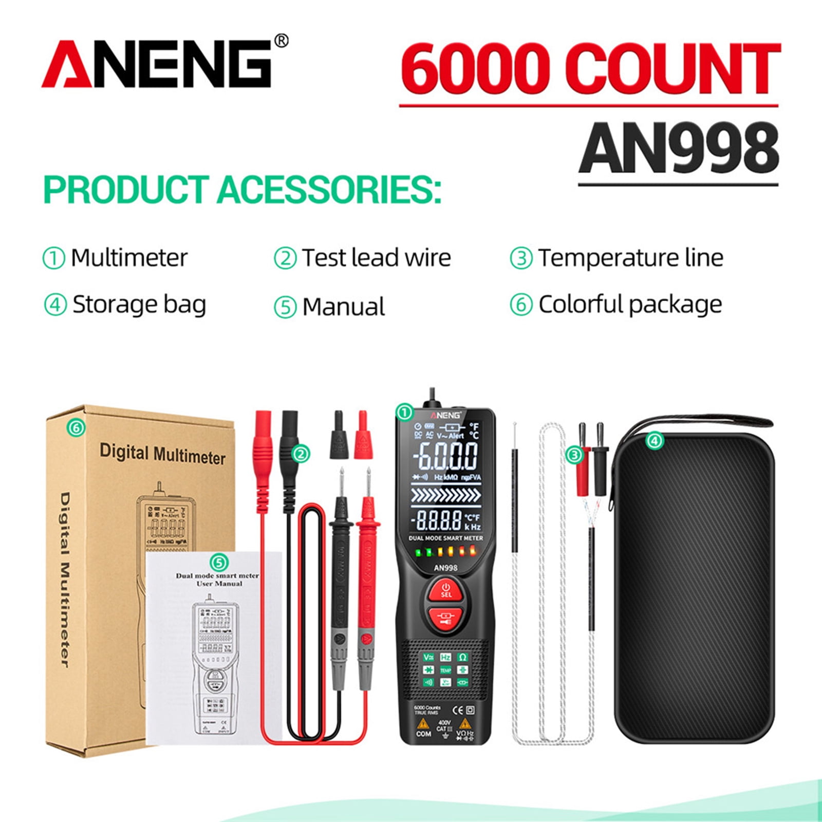 Miulika Digital Multimeter, Voltmeter AN998, Auto Ranging Electric Measures Current Voltage Test, for Volt Amp Ohm with Bklight