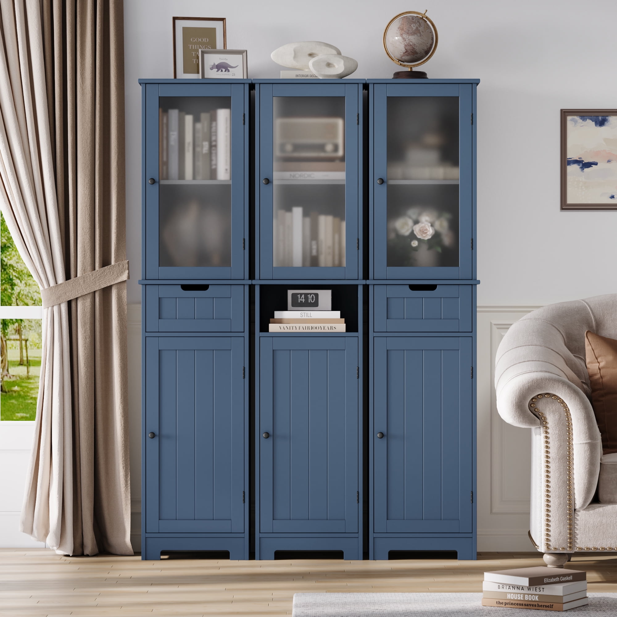 Homfa Bathroom Storage Tower, Narrow Linen Cabinet with Door and Drawers, Tall Bathroom Storage Cabinet for Small Spaces, Blue