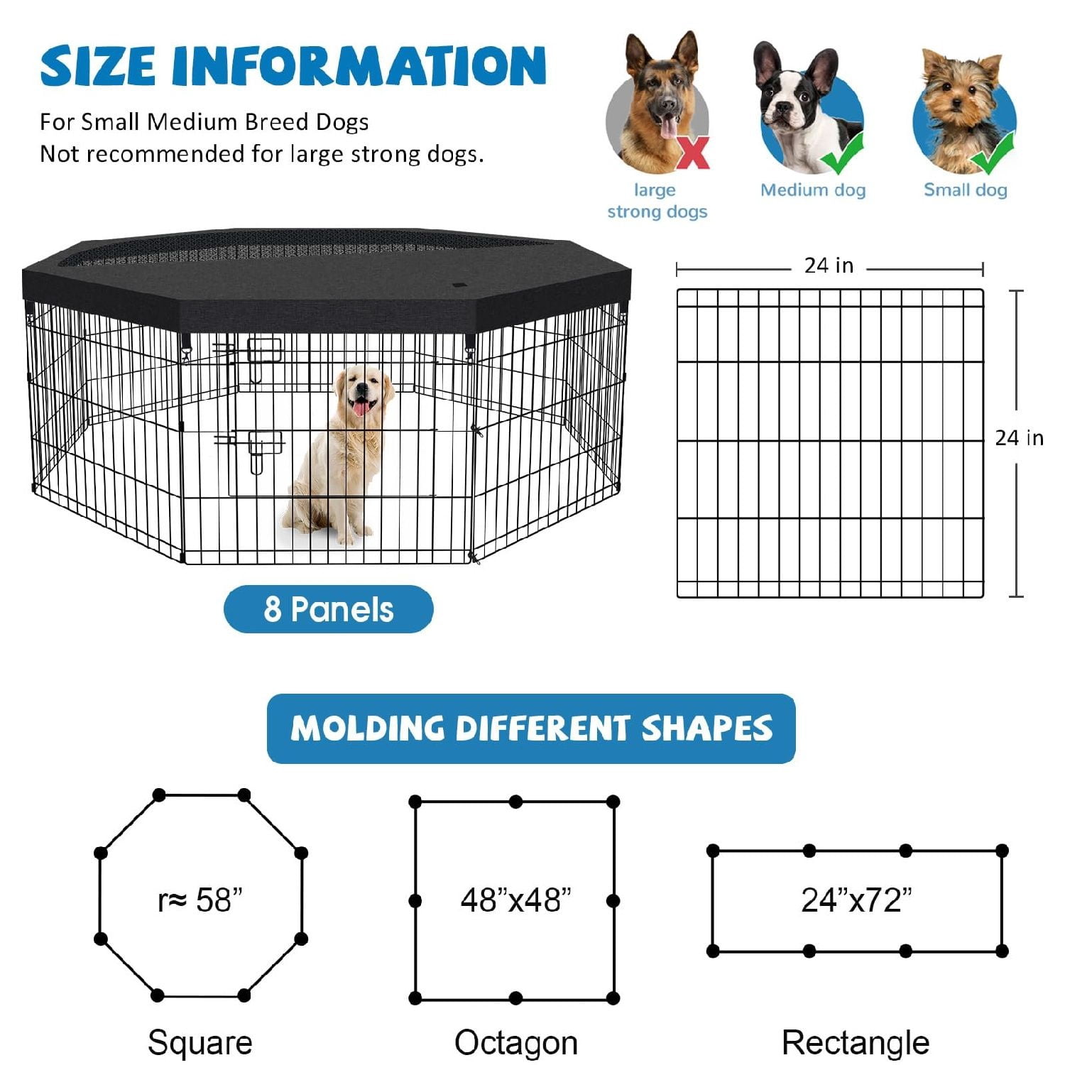 Dog Pen Pet Playpen Dog Fence Indoor Foldable Metal Wire Exercise Puppy Play Yard Pet Enclosure Indoor Outdoor 8 Panels 24 Inch with Bottom Pad/Top Cover (Black with top Cover)