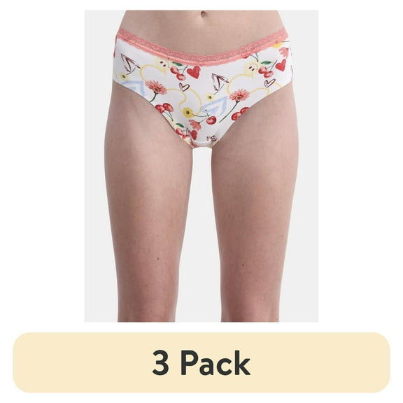 (3 pack) No Boundaries Cotton Hipster Panty with Lace, Women’s and Women’s Plus, Sizes S-XXXL