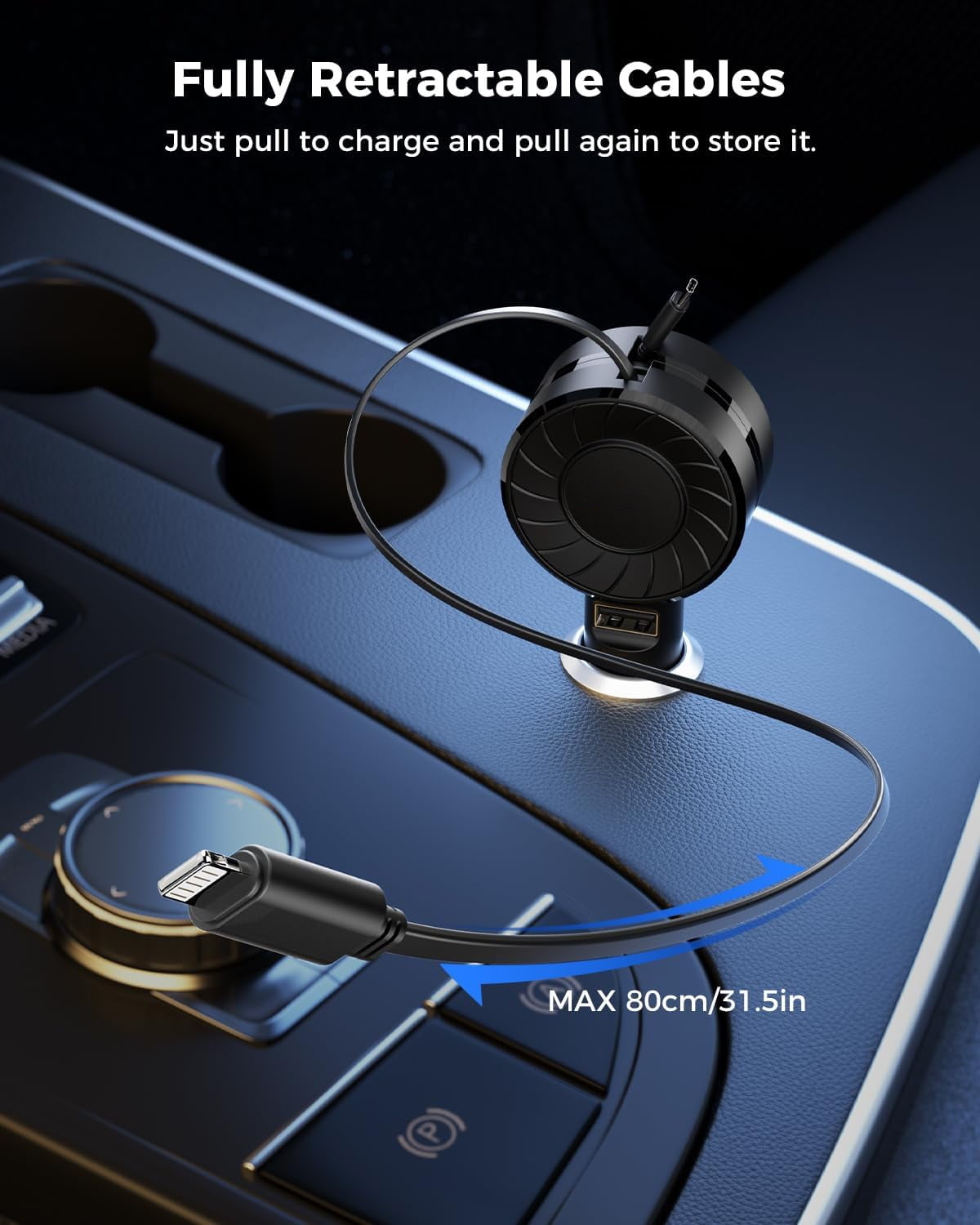 Wiher Retractable Fast Car Charger compatible for iPhone and Android with Dual Port USB C Cables 4-in-1 with Ports Adapter Car interior Accessories Black