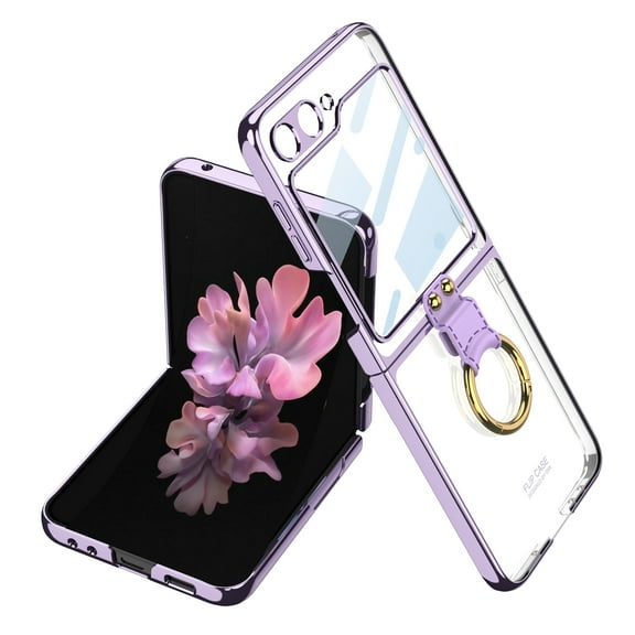 Dteck for Samsung Galaxy Z Flip 6 Case with Ring Stand, Electroplating Border Galaxy Z Flip 6 Slim Protective Cover with Built-in Screen Protector, Purple
