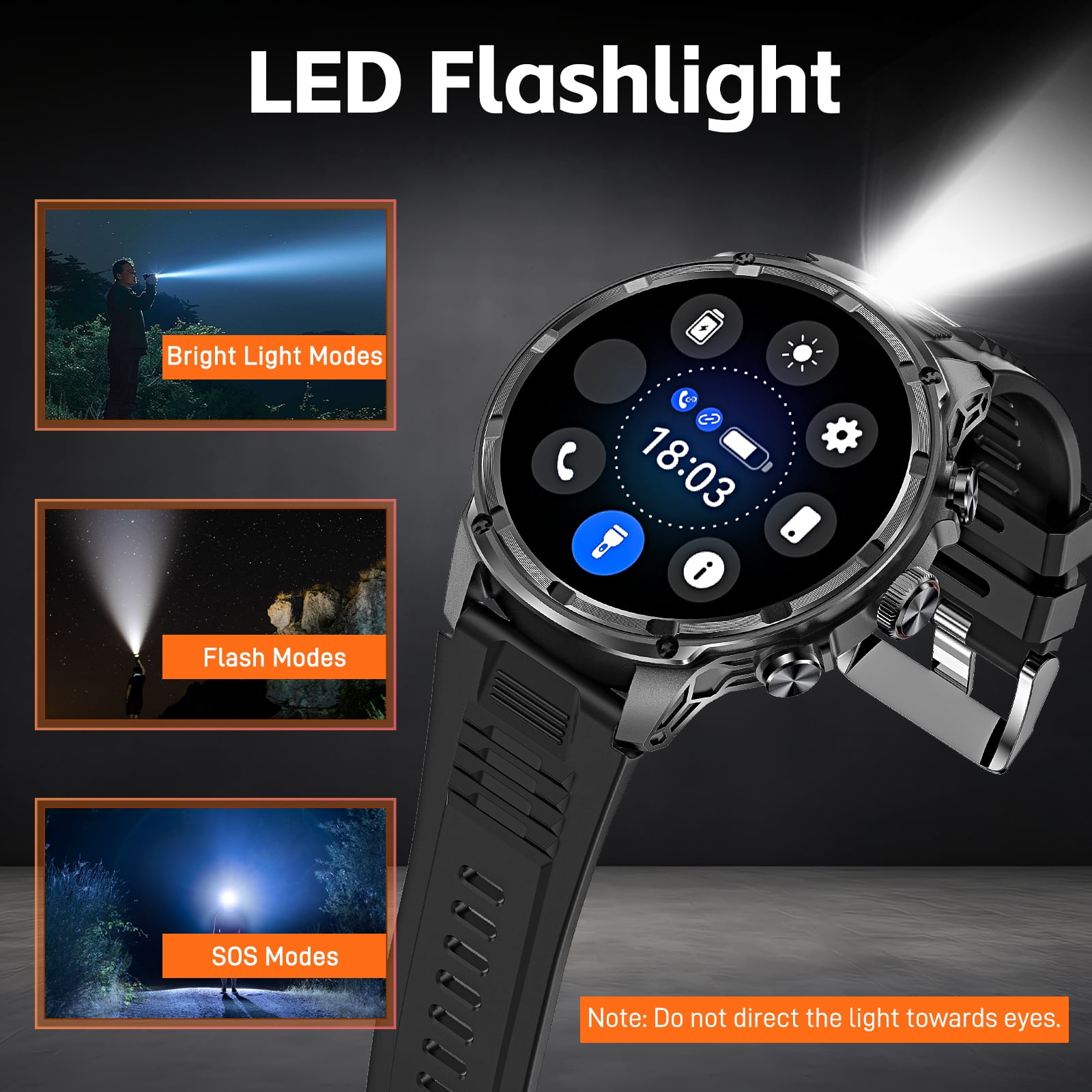 Cyberdyer Men's Smart Watch with Flashlight, 1.85" HD Screen, 100+ Sports Modes, IP67 Waterproof, 40-Day Standby, Compatible with iPhone & Android, Holiday Gift