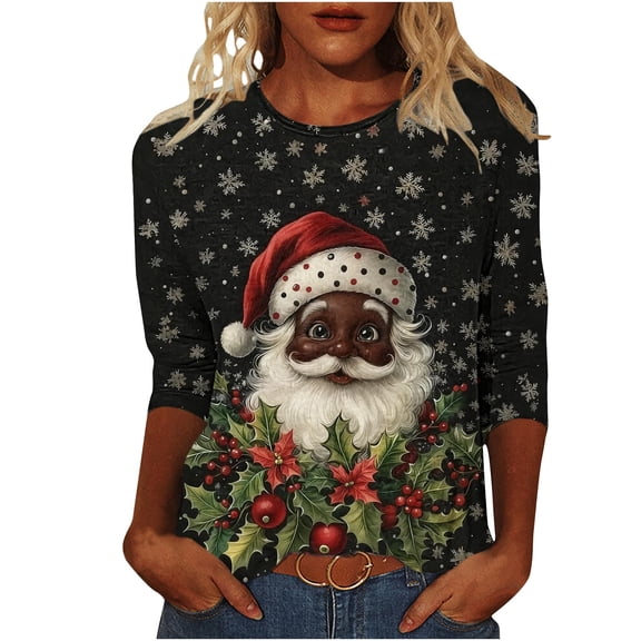 Plus Size Christmas Sweatshirts for Women Santa Claus Graphic Funny Crewneck 3/4 Sleeve Pullover Tops Blouse