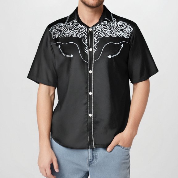 Conairie Western Shirts For Mens Embroidered Cowboy Button Collar Short Sleeve Shirt Regular Fit Business Casual Blouse With Floral Design Black L