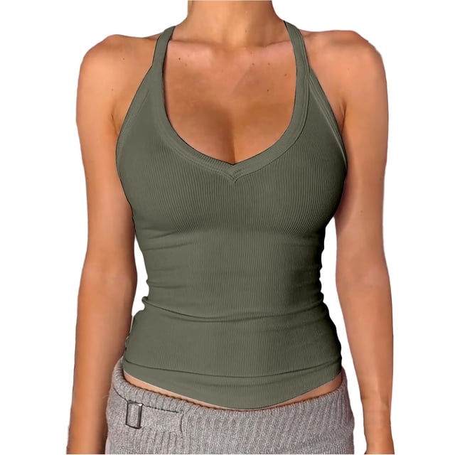 DondPO Womens Tank Tops,Lady V Neck Racer Back Tank Top For Women Padded Ribbed Long Tank Fitted Basic Tops,Halter Tops for Women,Womens Loose Tank Tops Clearance! Green M Clearance!