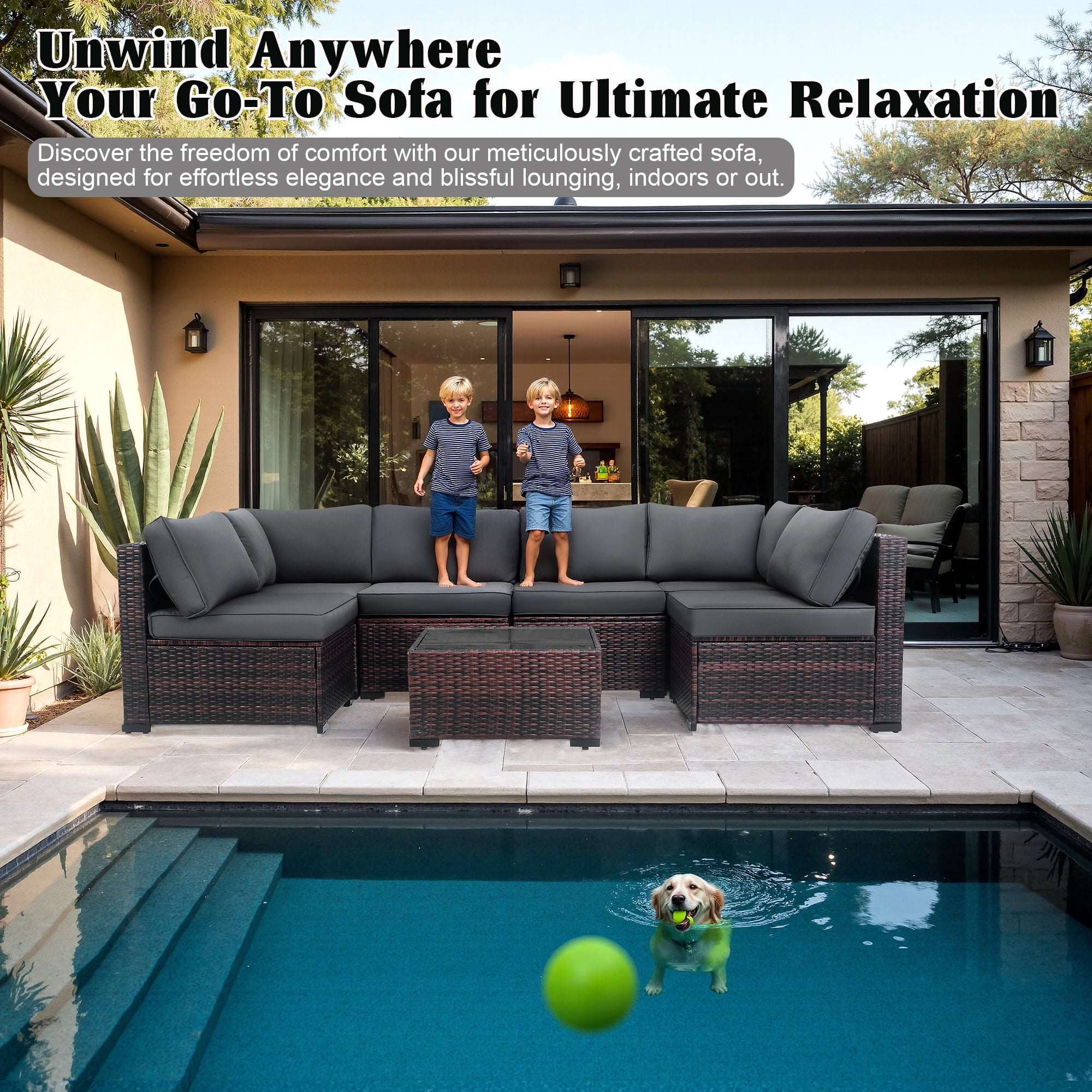 AstrPthylx 7-Piece Patio Sectional Set with Coffee Table, All-Weather Outdoor PE Rattan L-Shaped Sofa and Cushions for Garden, Backyard (Grey)