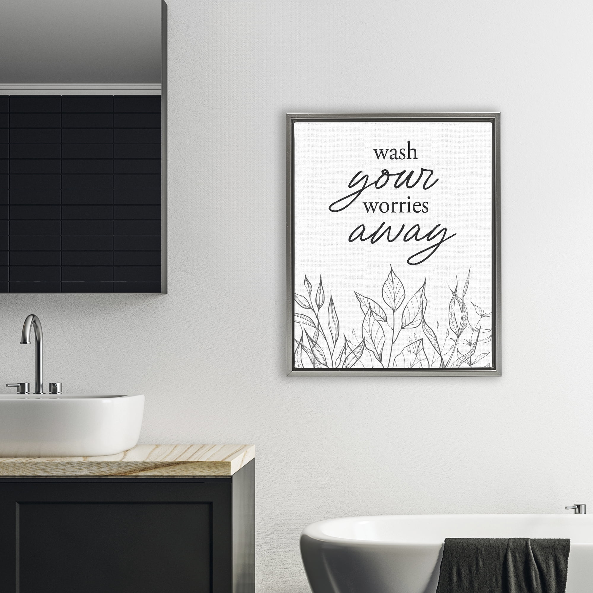 Wash Your Worries Away Minimalist Gray Framed Floater Canvas Wall Art, design by Lettered and Lined