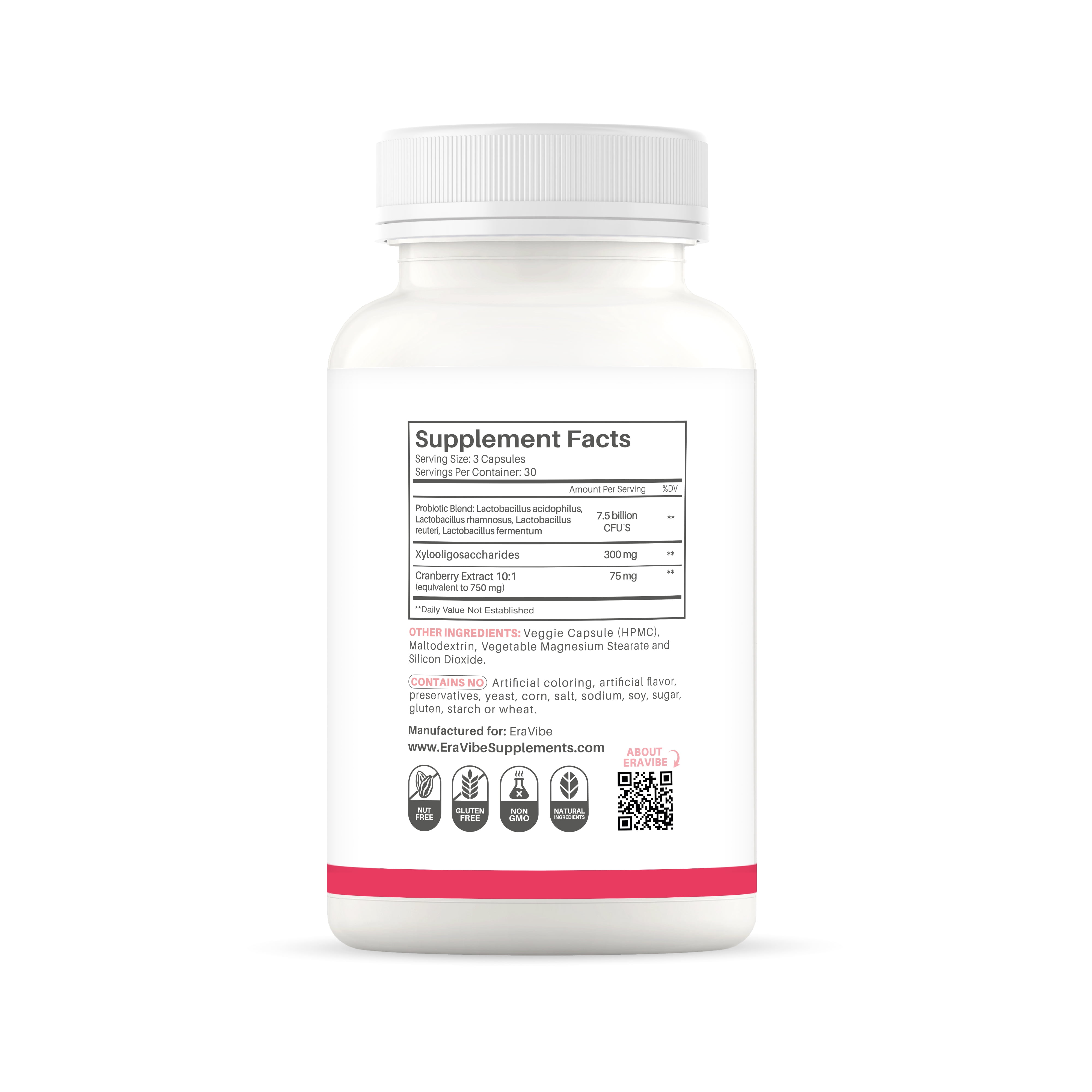 ERAVIBE Women's Probiotic with Cranberry 7.5 B CFUs, Vaginal & Gut Microbiome Support, 90 Vegan Capsules