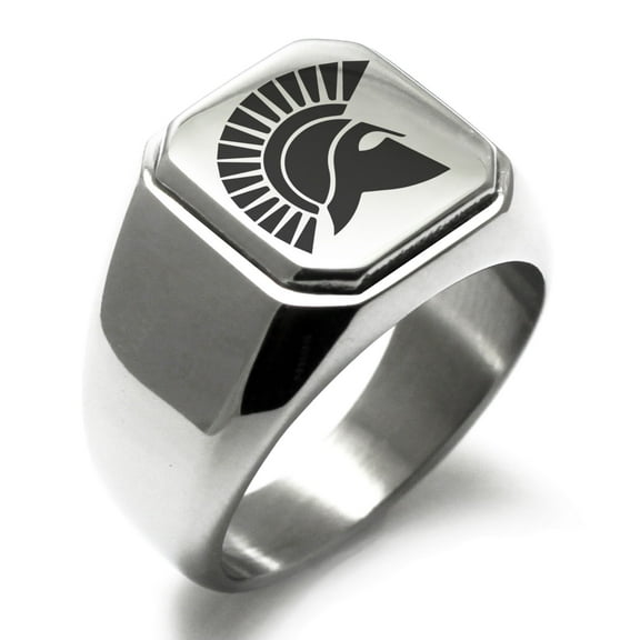 Stainless Steel Ares Greek God of War Engraved Square Flat Top Biker Style Polished Signet Ring